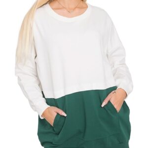 Zöld-fehér női pulóver zsebekkel✅ -