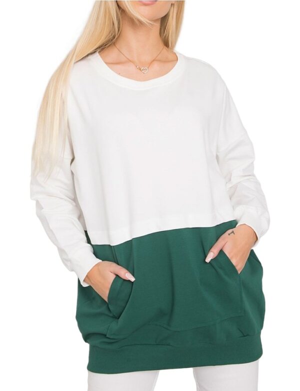 Zöld-fehér női pulóver zsebekkel✅ –